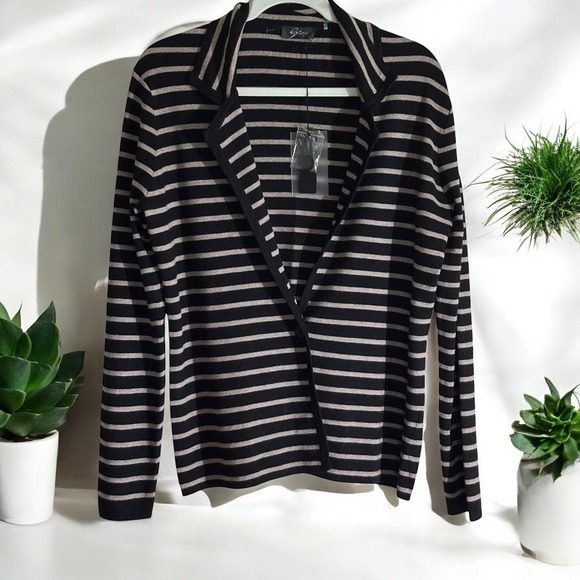 Cyrus Striped Black Beige Career Casual Business Open Front CardiganSize Large - Picture 1 of 14